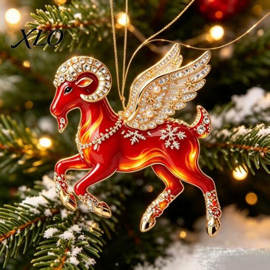 Durable Hanging Collection Acrylic Goat Christmas Tree Pendant, Decorative Ornament with Xmas Pendant Rhinestone, Golden Cord for New Year Party