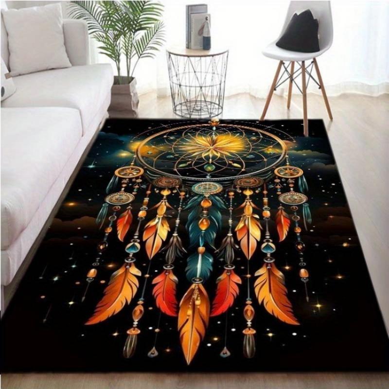 Bohemian Dreamcatcher Print Area Rug, Starry Night Feather Design Non-Slip Floor Mat for Living Room Bedroom Home Decor Carpet