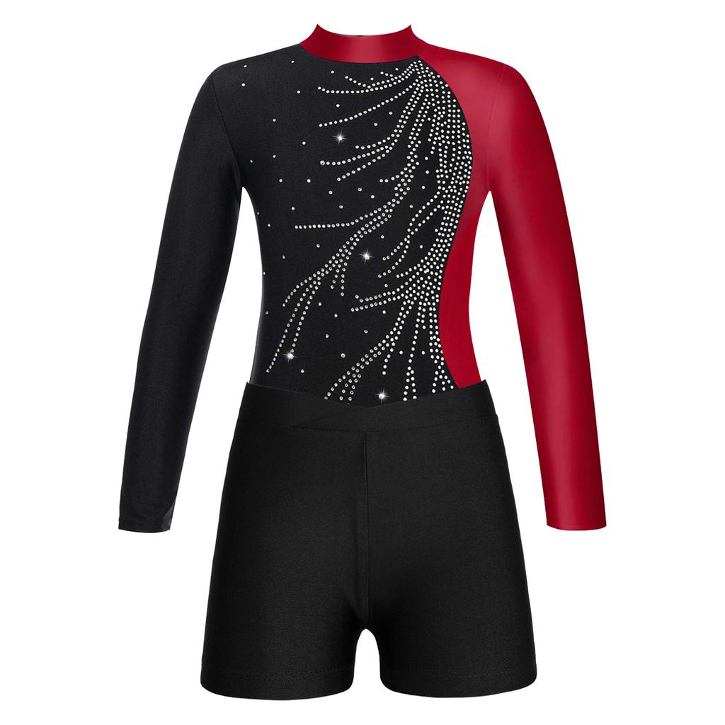 Girls Long Sleeve Gymnastics Leotard Unitard with Shorts 2 Piece Outfits Ballet Dance Bodysuit Biketard Dancewear