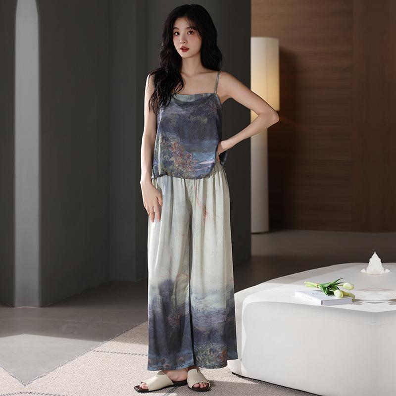 Pajamas women's summer ice silk suspender vest trousers thin summer imitation silk high-end sense can be worn outside loungewear