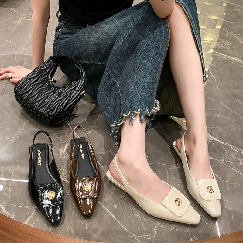 Мода 2024 года, модные металлические туфли-лодочки для женщин на среднем каблуке, туфли с острым носком, женские сандалии, брендовые разноцветные женские босоножки с открытой пяткой, элегантные