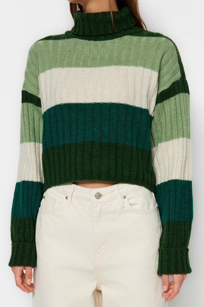 Women's Elegance Style Sweater Dark Green Crop Soft Textured Knitwear Sweater