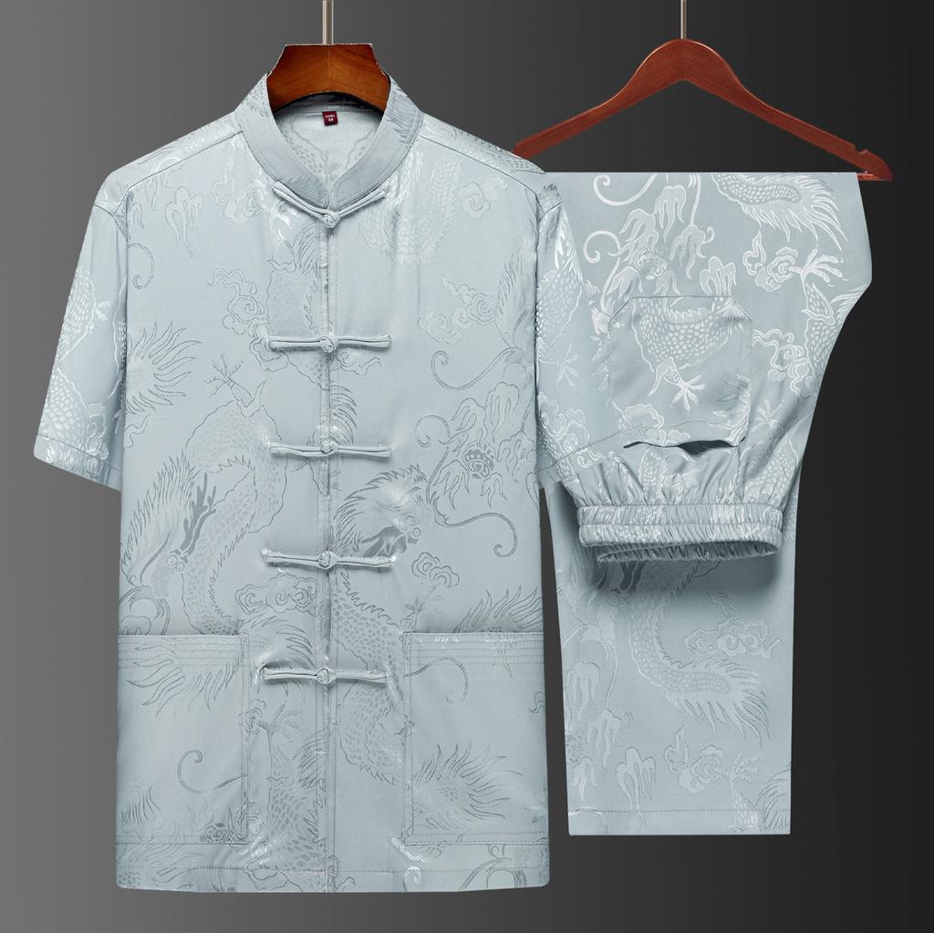 Костюм Тан мужской с коротким рукавом в китайском стиле, костюм для отца, летний костюм, костюм китайского дедушки, мужской