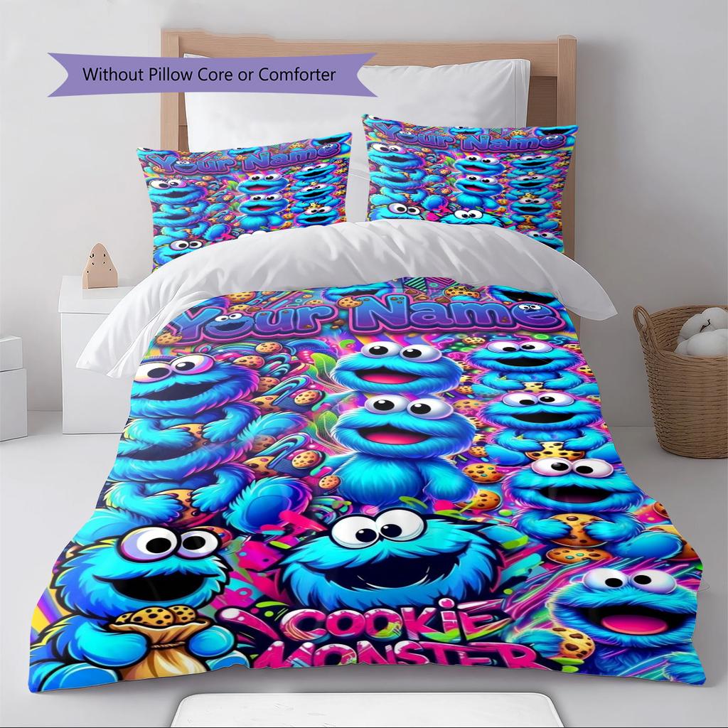 Name Custom Cookie Monster Pattern Bedding Set Quilt Cover Pillowcase Home Decor Gift (1 * duvet cover + 2 * pillowcase, without core)