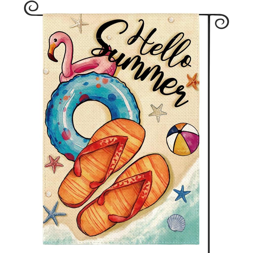 Hello Summer Garden Flag Double Sided Outside, Flip Flops Pool Float Seasonal Yard Outdoor Decoration