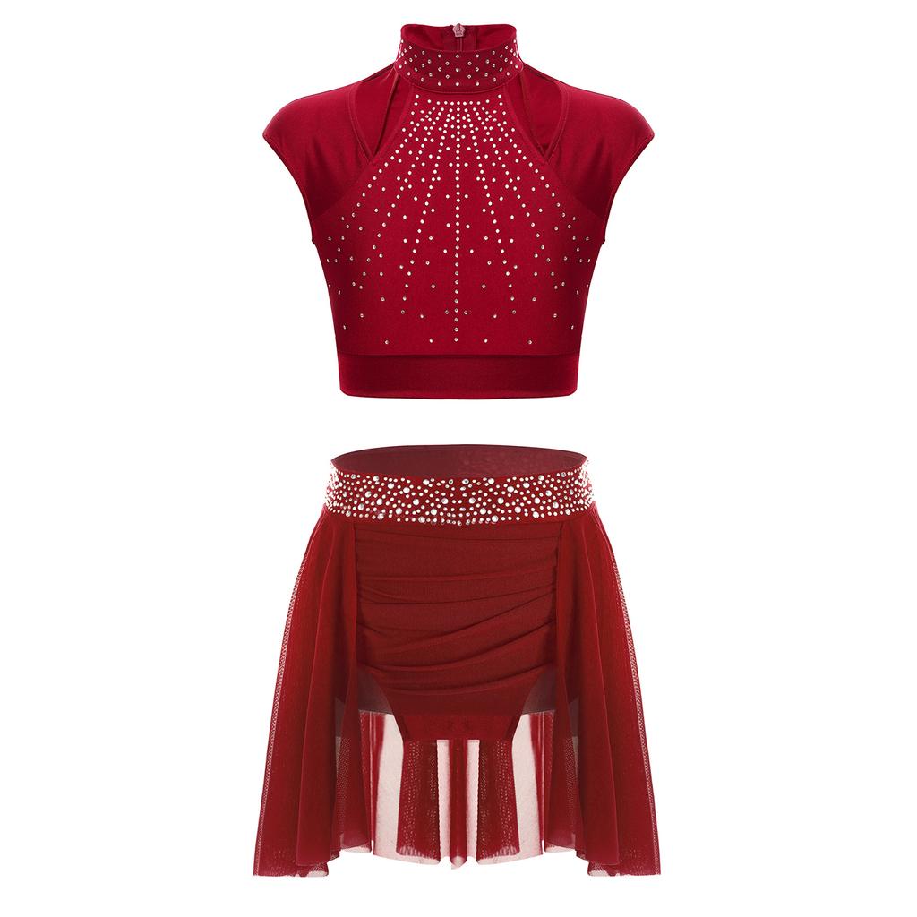 Костюм для фигурного катания для девочек, укороченный топ без рукавов с вырезом, пояс со стразами, юбка асимметричной формы, одежда для танцев