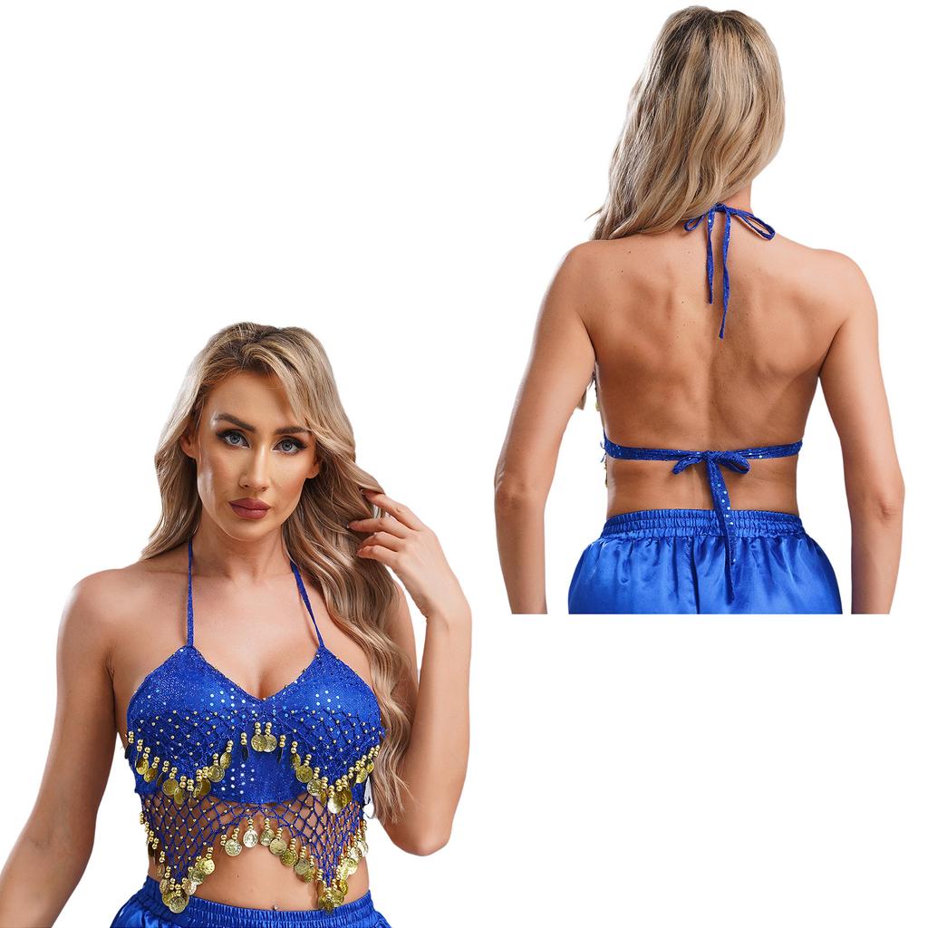 Женский бюстгальтер-топ для танца живота с бретельками через шею, сетка из пайеток, пластиковые бусины, четкие кисточки, шнуровка, укороченный топ для танцев, костюм для выступлений