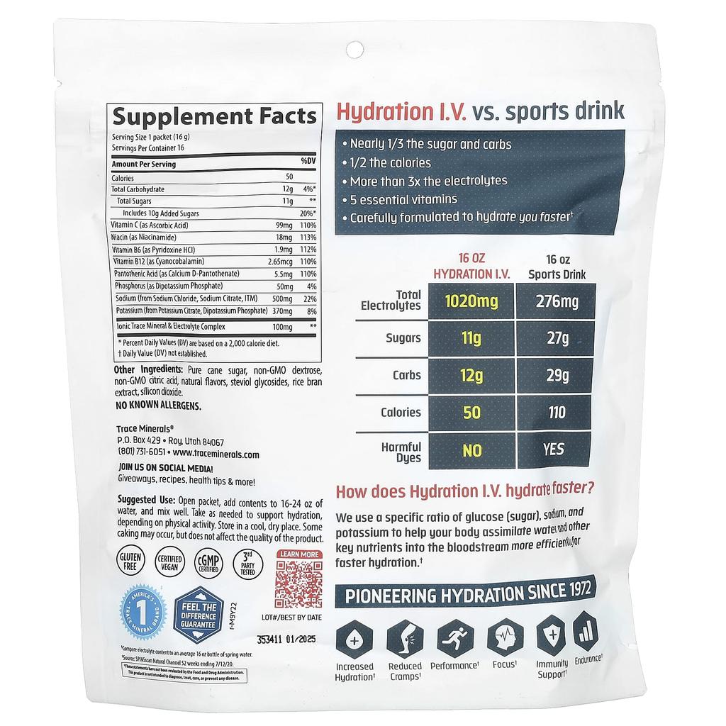 Hydration IV, Electrolyte Drink Pack, Raspberry Lemonade Flavor, 16 Pack, 16G (0.56Oz) Each