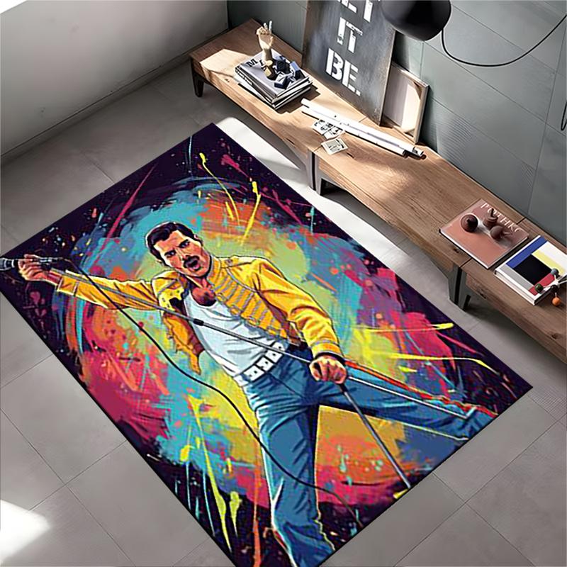 Pop Culture Area Rug, Freddie Mercury Yellow Jacket Pop Art Splash Color Poster, Man Cave Decor, Non-Slip Mat