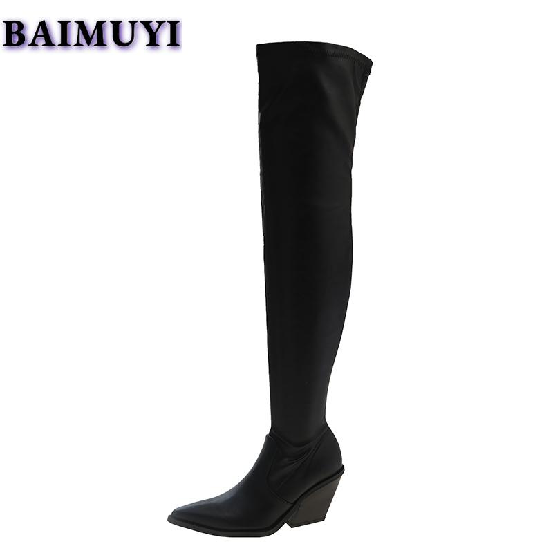 Высокие сапоги выше колена женские туфли челси на высоком каблуке с острым носком кожаные туфли готического дизайна класса люкс зимние зимние туфли Botas Mujer