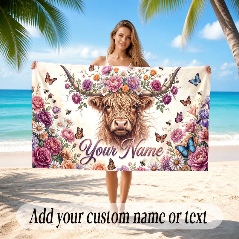 Highland Cow Theme Quick Dry Beach Towel Custom Name Text Print Large Sand Resistant Towel Beach Vacation