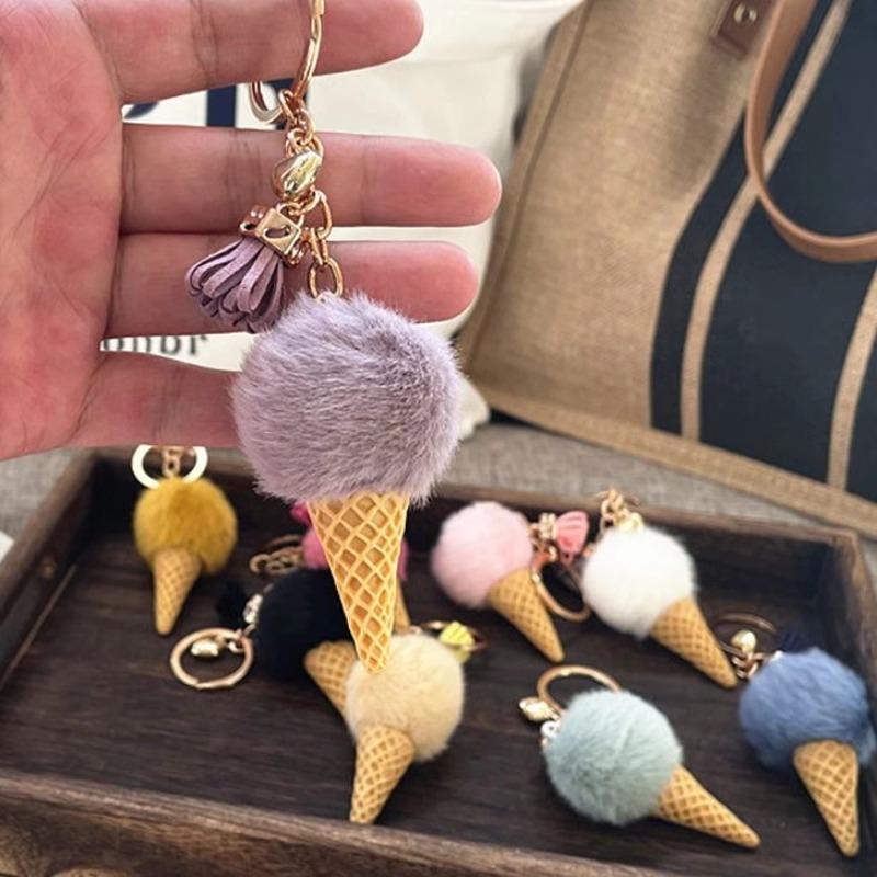 Cute Ice Cream Cone Plush Keychain Cartoon Pompom Bag Charm Car Key Ring Accessory