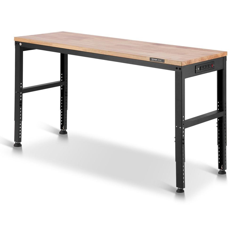 Adjustable Height Workbench 61"L x 20"W Work Bench Table with Power Outlet