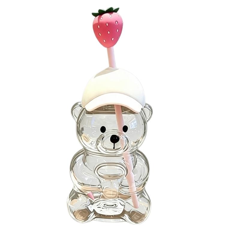 Cold Beverage Cup with Bear Straw Cup Design and Visible Drink Display, Hat Lid Accent for Iced Coffee and Juice