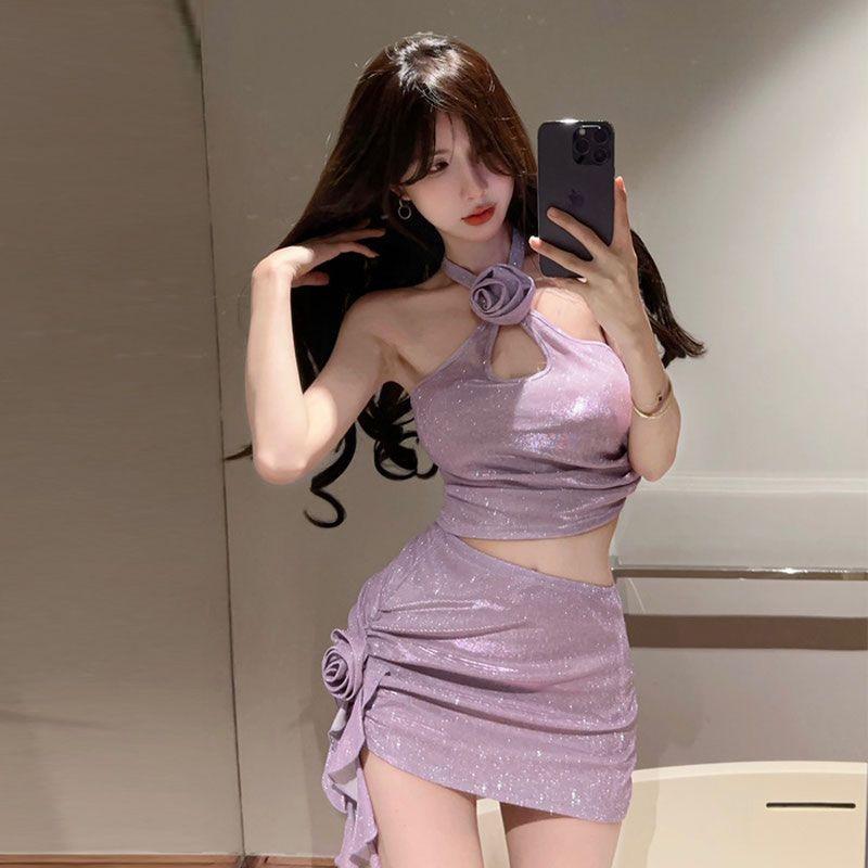 Internet celebrities sexy sweet three-dimensional flowers hollow and thin neck split skirt three-piece swimsuit women soak in hot springs