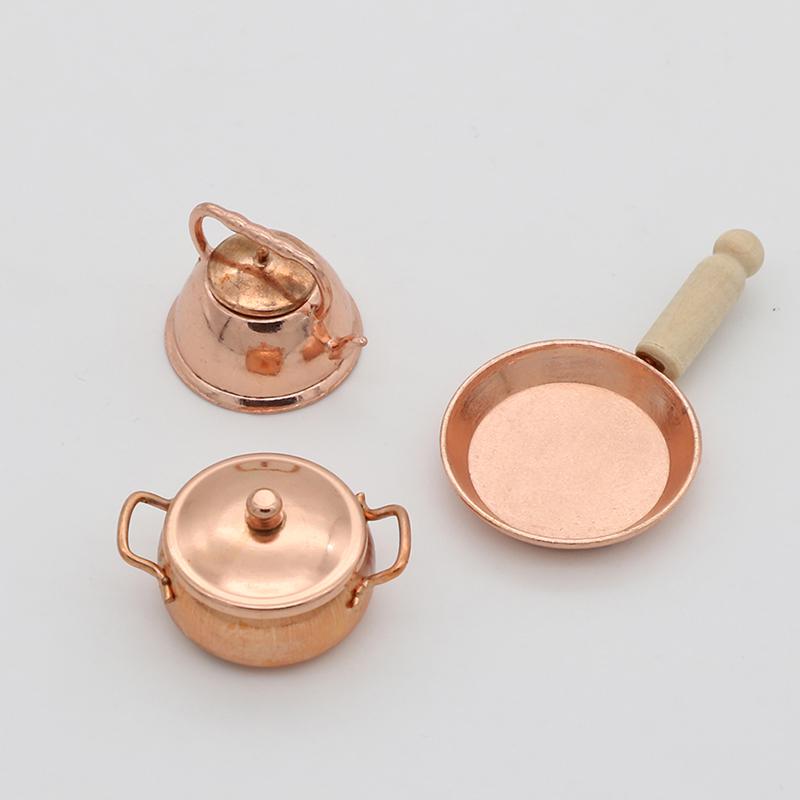 1:12 Dollhouse Miniature Bronze Frying Pan Pot Kettle Cooking Kit