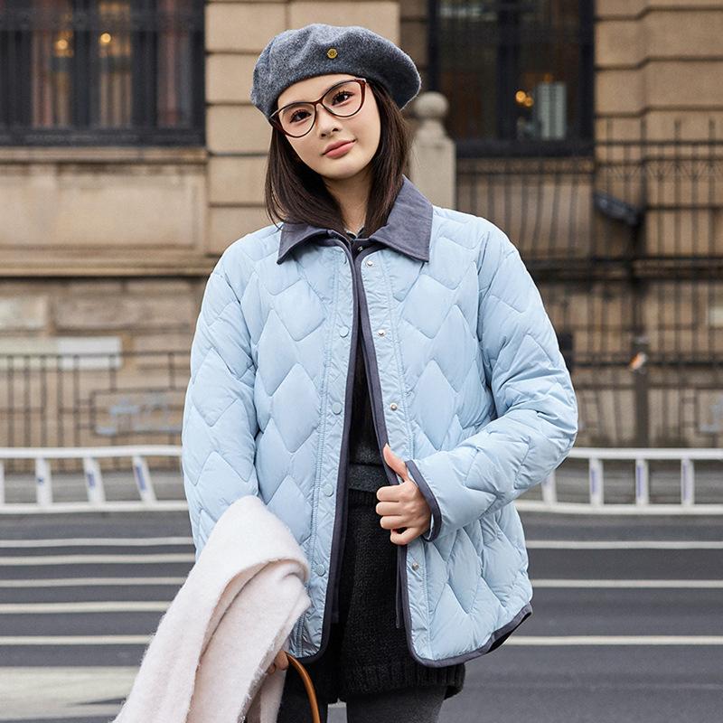 Новая короткая пуховая хлопковая куртка женская контрастных цветов с лацканами и ромбовидной стежкой, легкая и свободная хлопковая куртка