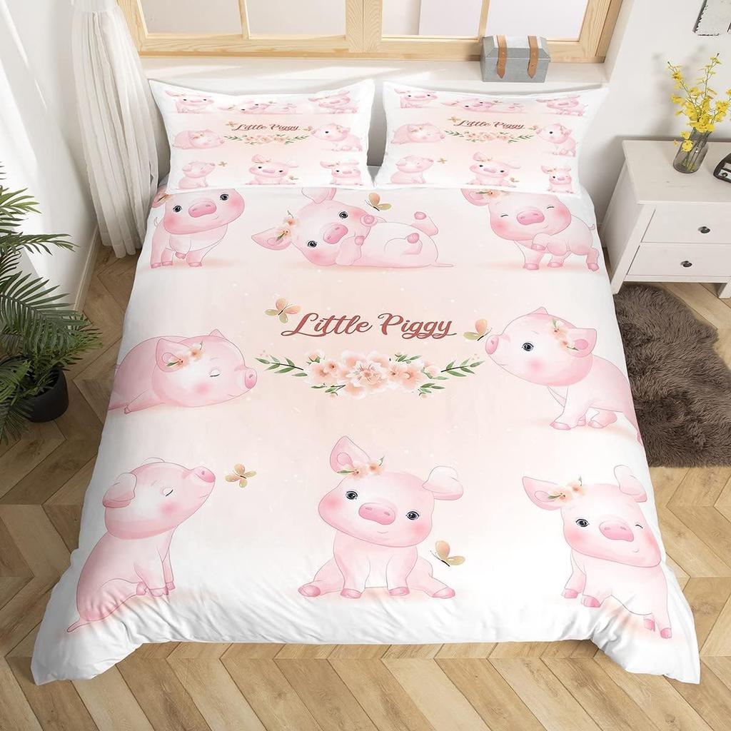 Pink Pig Duvet Cover For Girls Kawaii Room Decor Twin, Rose Floral Leaves Comforter Cover Cute Farm Animal Cartoon Bedding Set