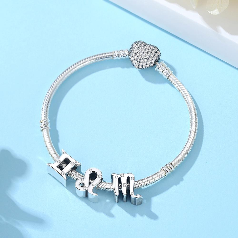 Original 925 Silver Charms Beads 12 Zodiac A-Z Letters Virgo Aries Fit Pan Bracelets Necklaces Jewelry For Women