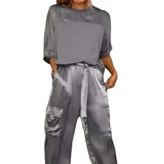 2 шт./компл., комплект женских топов, атласные рукава три четверти, круглый вырез, шнуровка на талии, сплошной цвет, мягкие дышащие повседневные карманы, свободная блузка, комплект брюк