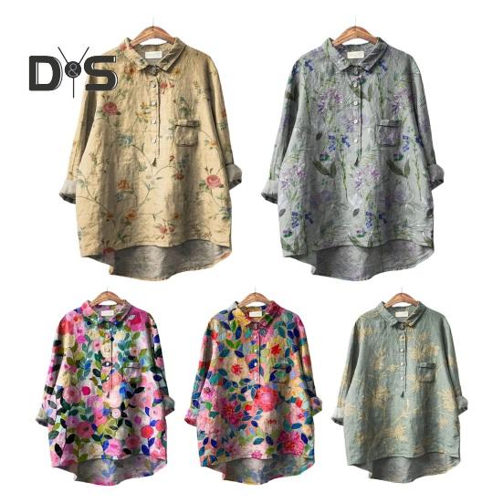 Женская рубашка с лацканами и пуговицами на рукавах 3/4, рубашка с вырезом, топы с цветочным принтом, свободная посадка, повседневная рубашка, тонкая блузка, уличная одежда