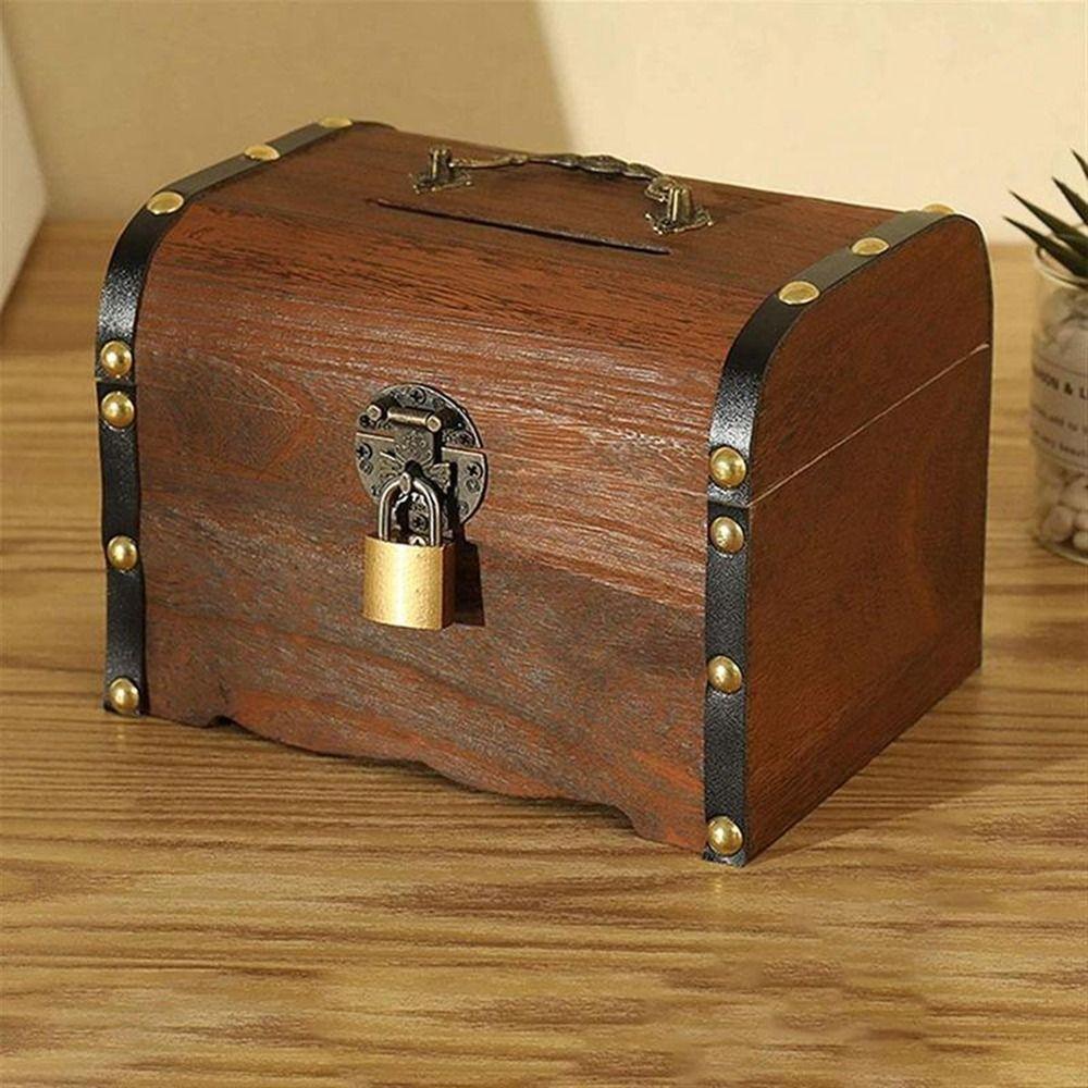 Retro Wooden Creative Decorative With Lock Storage Box Money Saving Box Treasure Box Coin Boxes