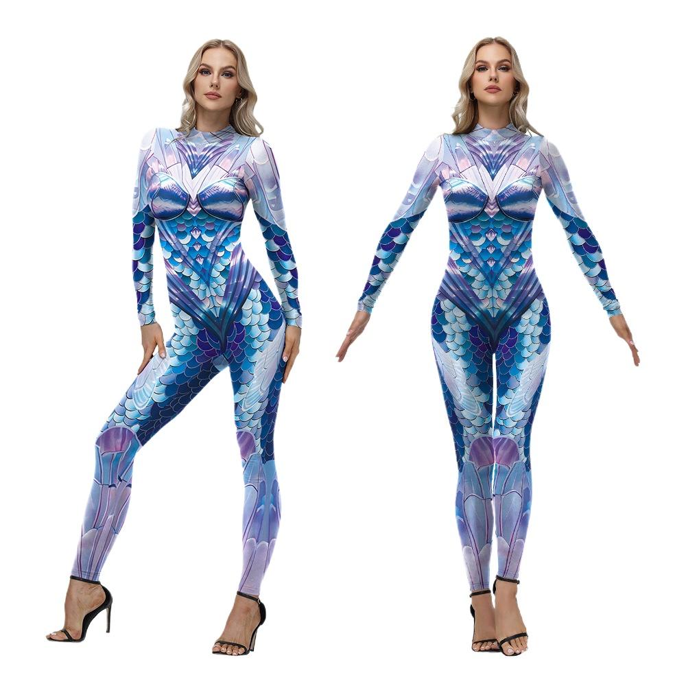 Fish Scale Mermaid 3D Digital Printing One-piece Halloween Costume for Adults Women Party Game Playing Printed Tights Jumpsuit