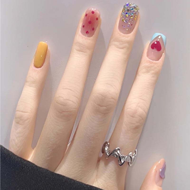 24pcs/set Polka Dot Heart Manicure Finished Wear Fake Nail Stickers Press On Nail