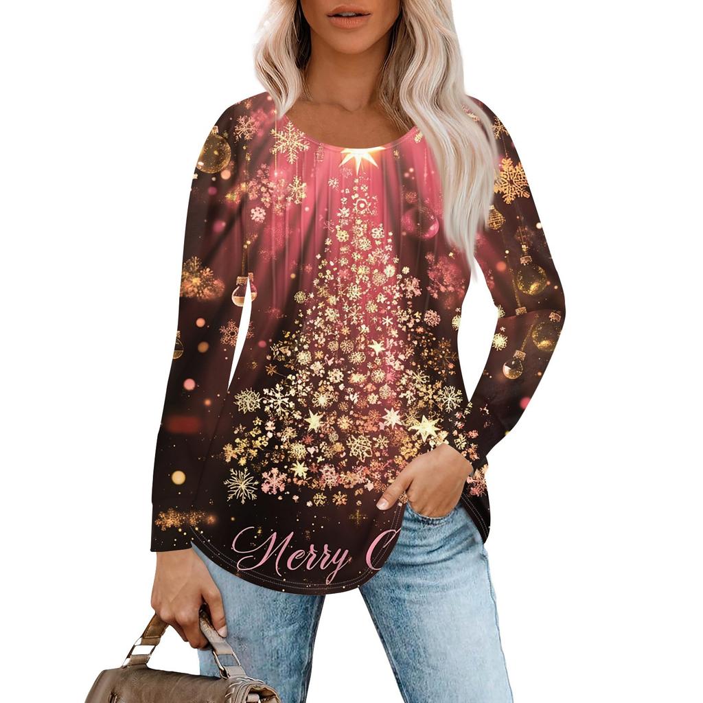 Women's Casual Top Christmas Printed Round Neck Long Sleeved Pleated T-shirt
