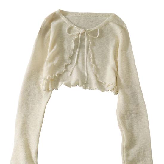 Солнцезащитный трикотажный кардиган для женщин с завязками спереди, длинными рукавами, прозрачной сеткой, пляжной накидкой с оборками и тонкими рубашками с защитой от ультрафиолета