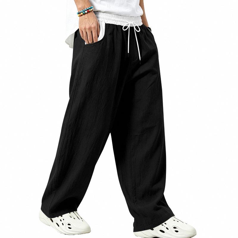 Men's Linen Breathable Straight-Leg Elastic Waist Casual Pants - Solid Color, Loose Fit, Spring/Autumn
