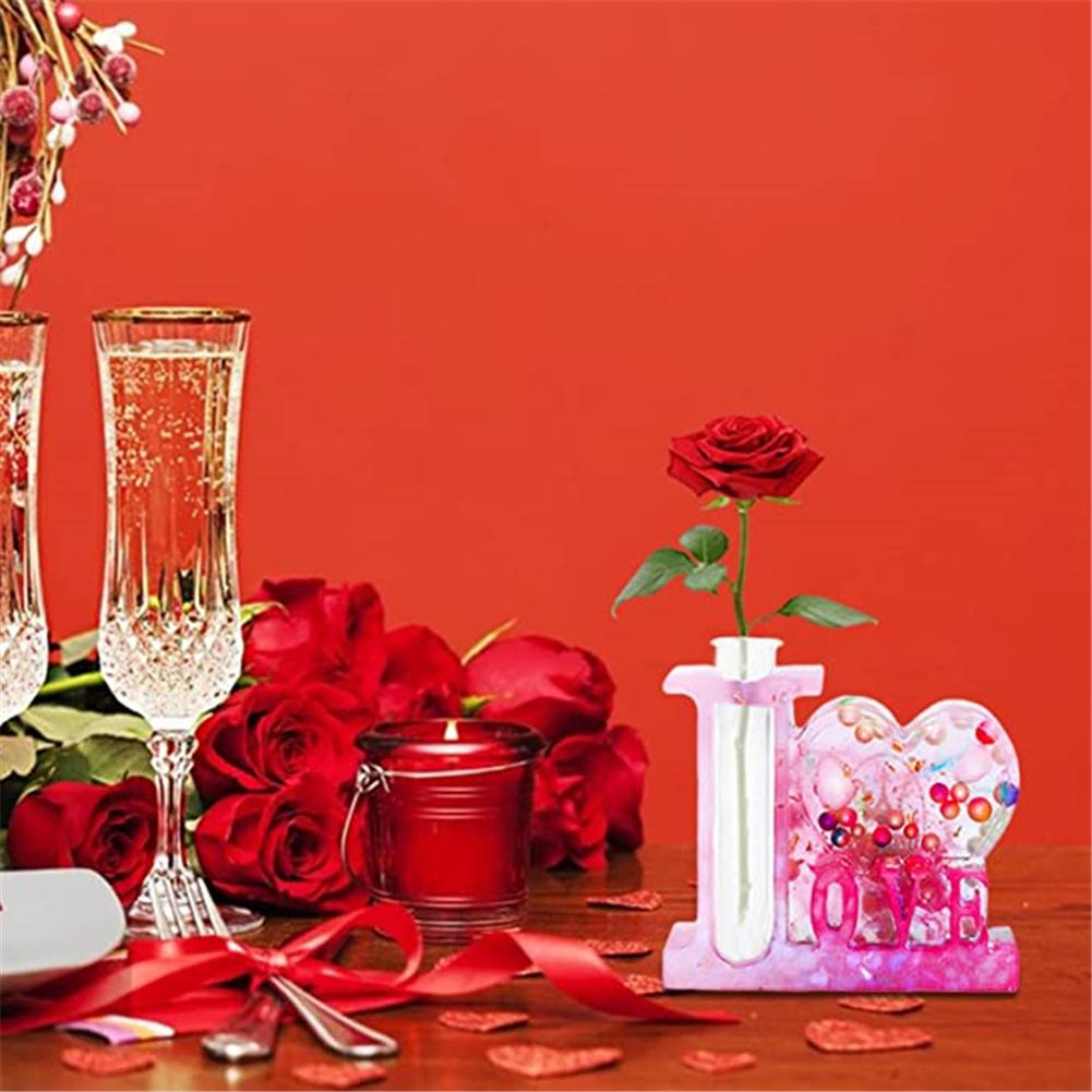 Diy Silicone Mold Love-shaped Photo Frame Flower Arrangement Device Desktop Decoration Epoxy Resin Die (including 3 Transparent Test Tubes)