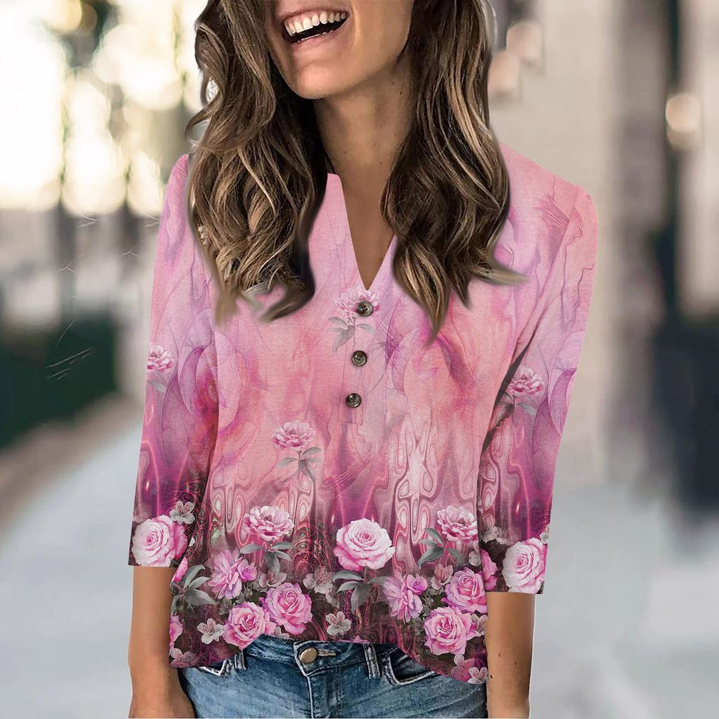Women's Fashion Casual Loose 3/4 Sleeve Printed Round Neck Top