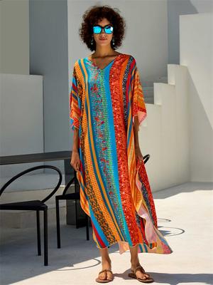2024 Bohemian Colorful Printed Free Kaftan Mrs Roper Long Dress Summer Vacation Beach Swimsuit Cover Up Cozy Homewear Robe Q1690