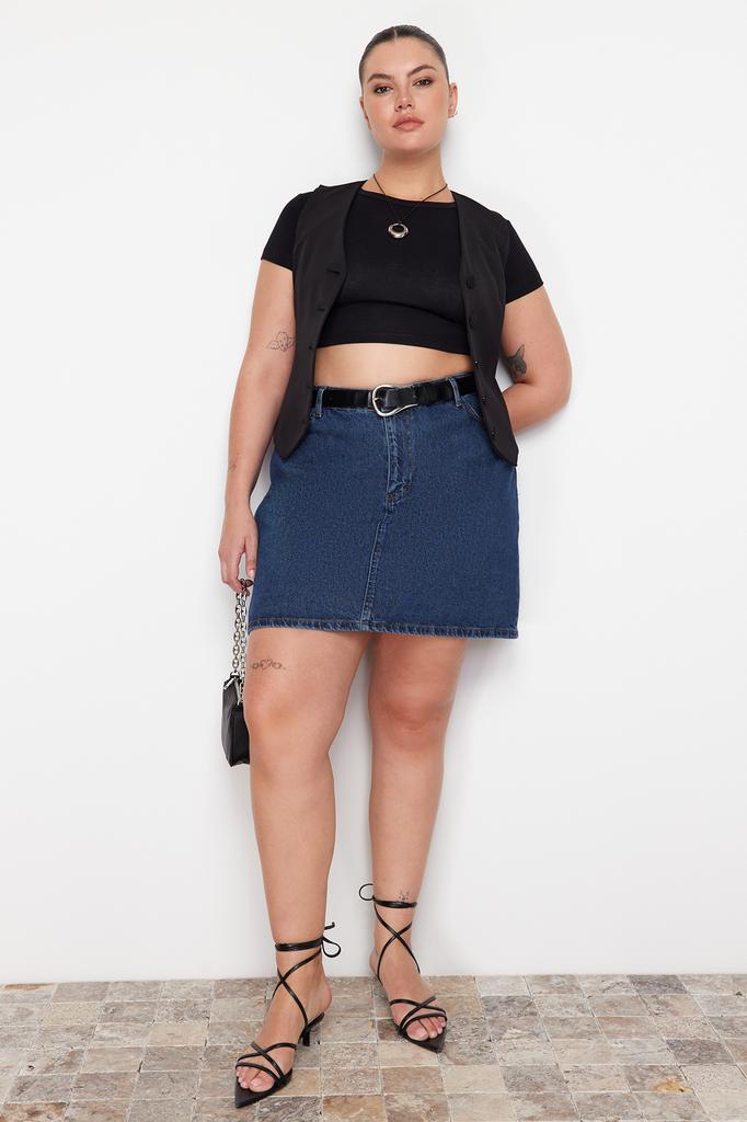 Женская стильная джинсовая юбка большого размера черного цвета с высокой талией