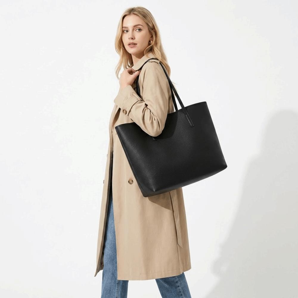Fashion Litchi Texture Tote Bag Leather Large Capacity Shoulder Bag Crossbody Snap Button Design Handbags Women