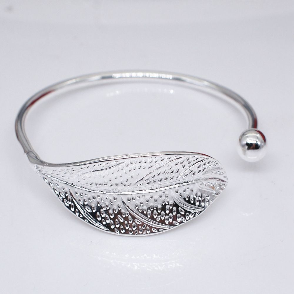 Gifts Crystal Fashion Cuff Bangle Leaves Bracelet 925 Sterling Silver Opening
