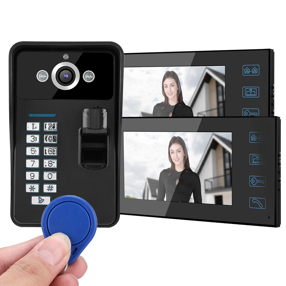 7in Fingerprint RFID Password Video Intercom 2 Monitor Wired Doorbell Access System100-