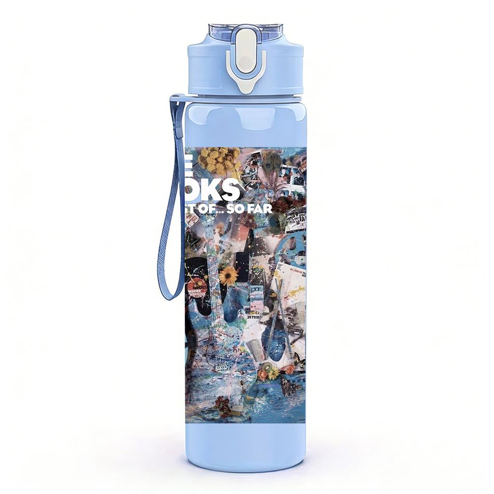 1PC Retro band grid collage print 750ml colorful plastic sports water bottle leakproof pop up lid with straw for outdoor work home use