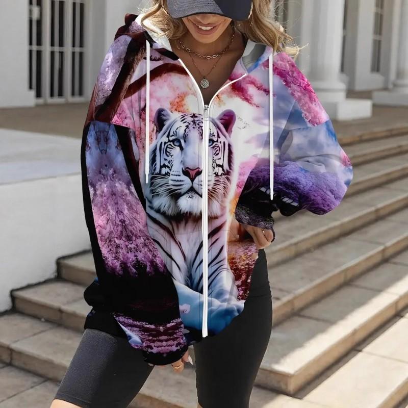 Womens Winter Zip-Up Hooded Sweatshirt With Animal Print Digital Casual Streetwear