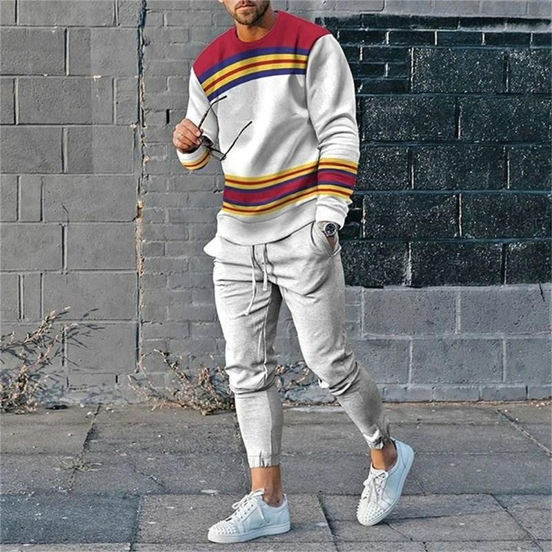 Fashion Splicing Color 3D Printing Men's Sportswear Set Casual Long-sleeved Pants 2-piece Set Oversized Pullover Men's Clothing