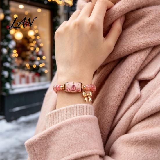 Metal Pendant Bracelets Christmas Story Beaded Bracelet, Bracelet with Santa Reindeer Snowman House Candy Women Cane Tree Pattern, Elastic Colorful