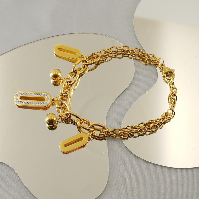 18K Gold-Plated Stainless Steel Double-Layer Oval Diamond Bracelet for Women - Niche Fashion Stackable Jewelry.