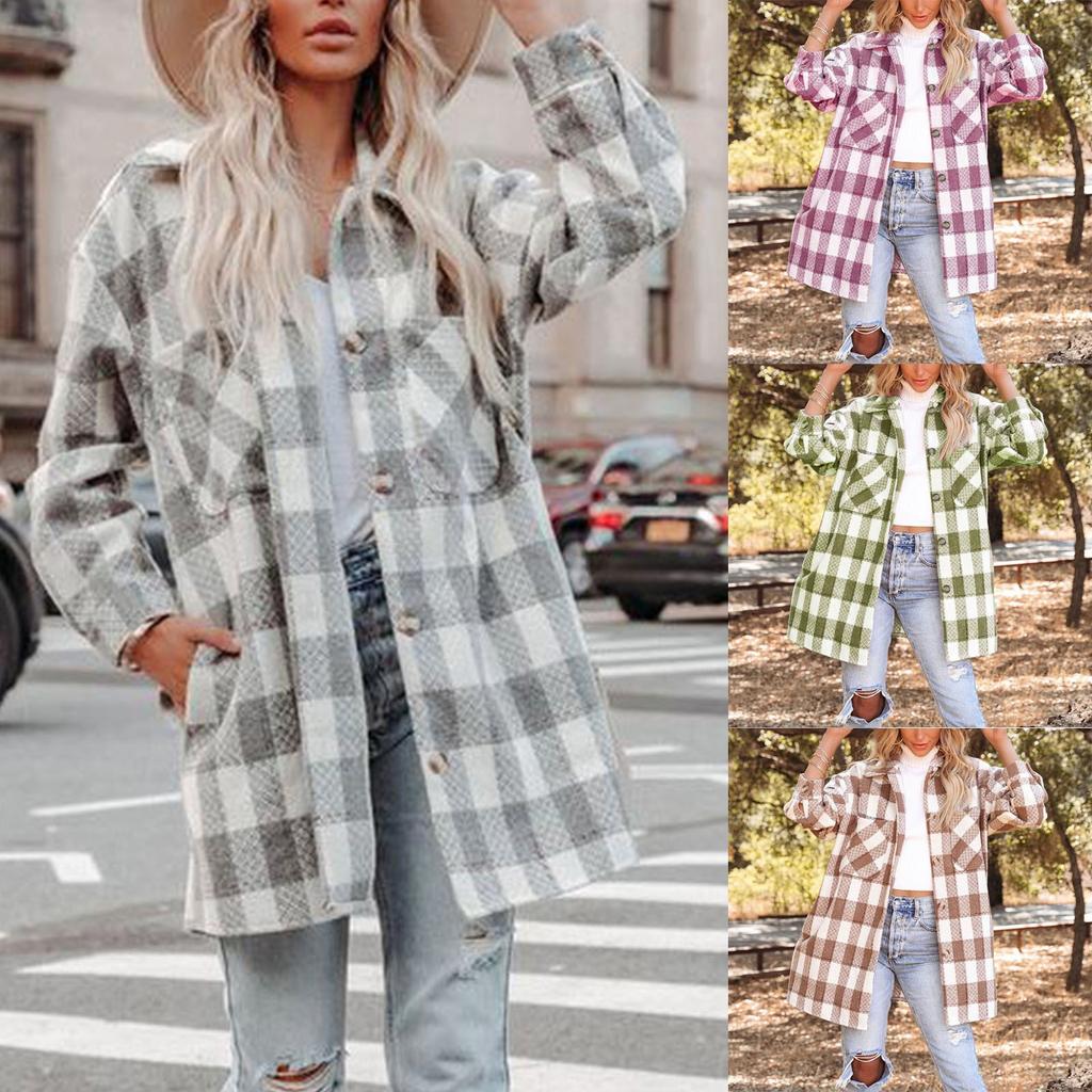 Women's And Winter Plaid Color Block Patchwork Coat With Pockets Lapel Classic British Style Tweed Coat