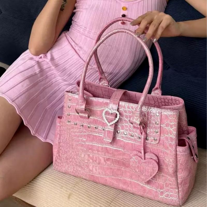 Light Luxury Crocodile-print Handbag For  Girls Pink Heart Pattern Shoulder Bag Trendy High-grade Large Capacity Commuter Bag