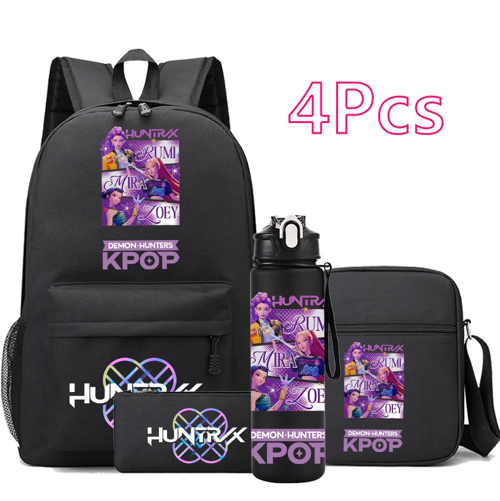 4 шт./компл. Аниме Мультфильм K-Pop Принт Рюкзак с бутылкой для воды 750 мл для Подростка Студента Девочки Мальчика Книжная сумка Детский Подарок Большая Вместимость Дорожная Сумка