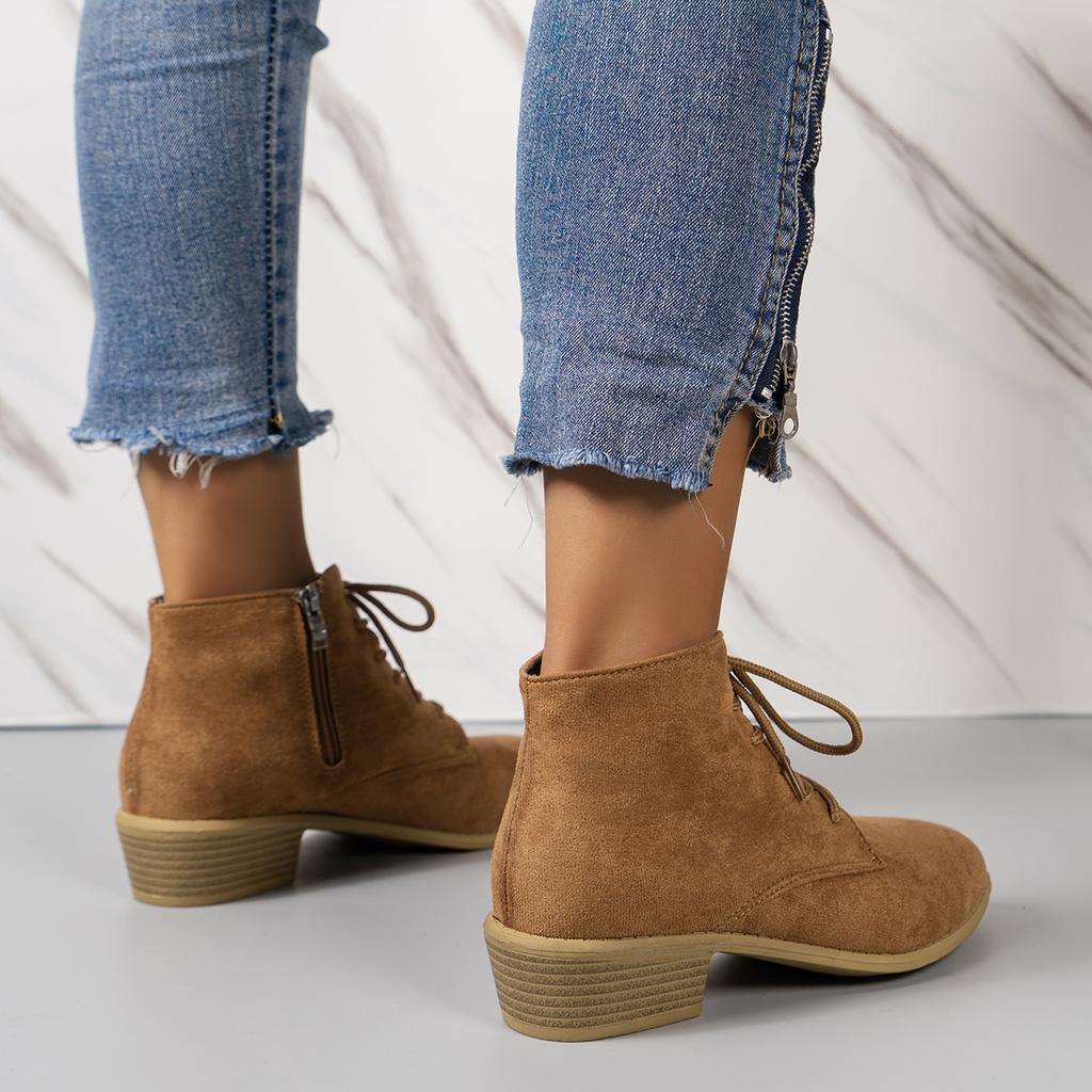 Fashion Women's Autumn Block Heeled Short Boots Fashion Zip Lace Up Faux Suede Ankle Boots Women Pointed Toe Thick Heeled Botines Mujer