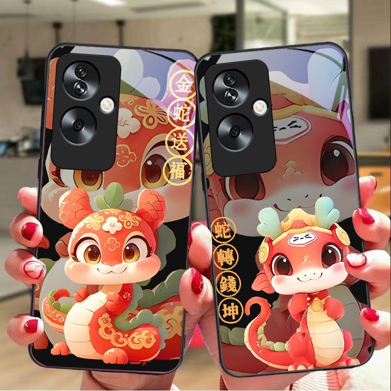Новый мультяшный змейка для Oppo A79 5G 58 78 74 60 4G Reno 11F Realme GT 6 11 Note 50 10 C55 X2 Закаленное стекло Черный чехол для телефона