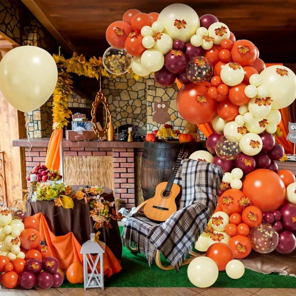 153PCS/set Thanksgiving Balloon Garland Arch Set Wine Red Orange Maple Leaf Balloon Indoor and Outdoor Autumn Party Decoration