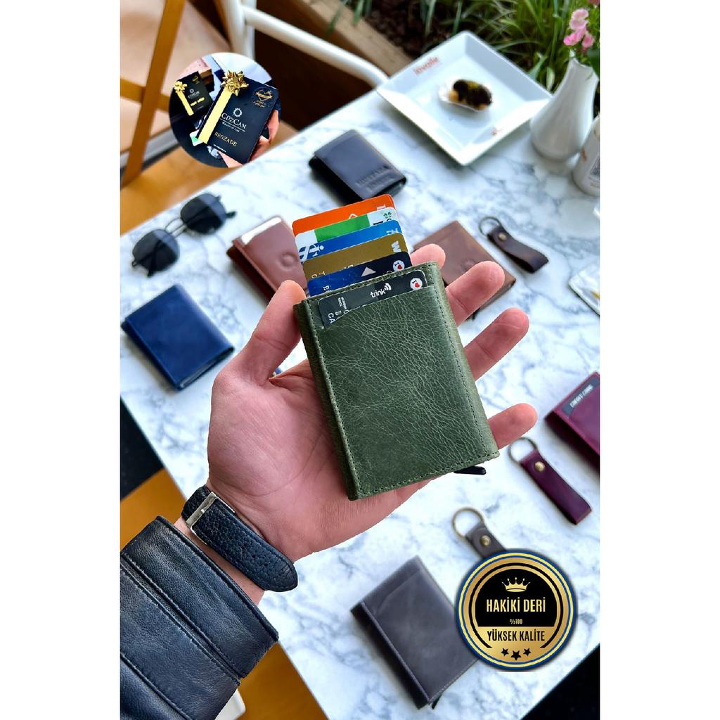 Унисекс черный кошелек из натуральной кожи с механизмом - (Специально для имени) - (Подарок на брелок из натуральной кожи)